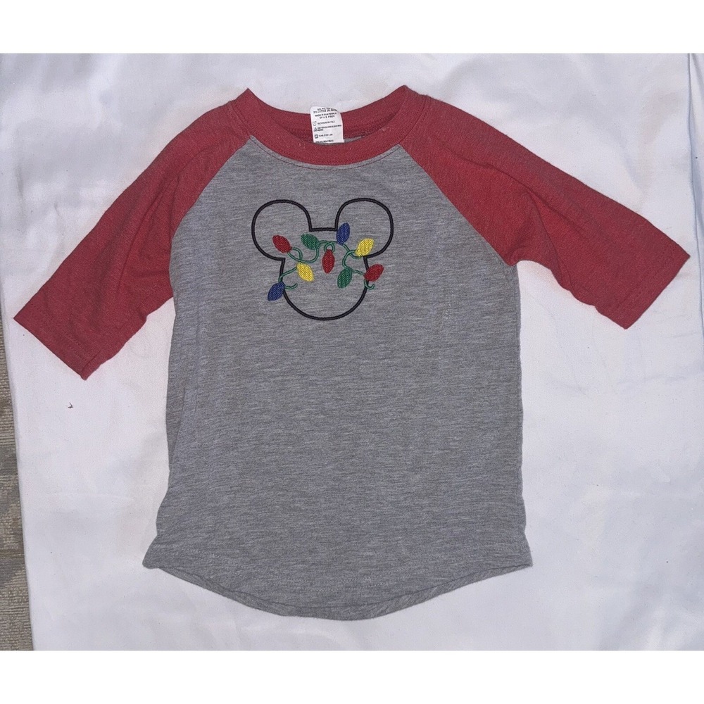 Mickey Mouse DISNEY CHRISTMAS Kids Elbow Sleeve Tee Shirt Sz 3T Gray Red